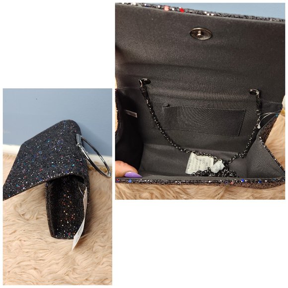 NWT ALESSIA Black & Metallic Glitter Box w/ Black Trim Clutch W/Round Handle - Picture 4 of 4